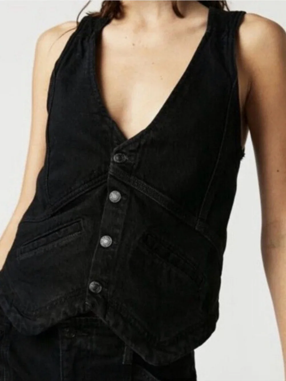 Free People Black Denim Vest With Tie Back